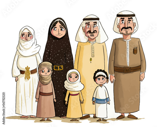 Warm portrait representing several generations from a Qatari family. Original and captivating vector illustration.