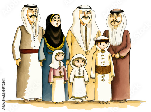 Happy intergenerational Qatari family portrait in vector illustration, perfect to create a warm and positive atmosphere.