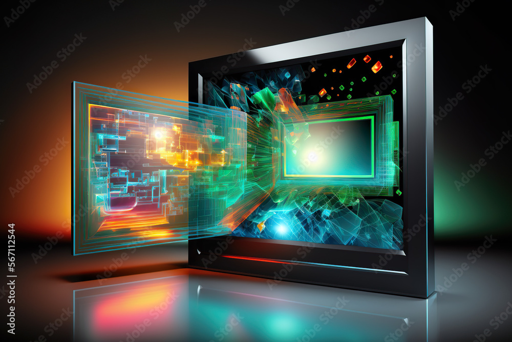 A dynamic 3D concept image displaying a high-tech computer monitor with colorful graphics bursting forth from the screen on a reflective surface.AI generated. A dynamic 3D concept image displaying a high-tech computer monitor with colorful graphics bursting forth from the screen on a reflective surface.AI generated.