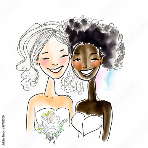 A beautiful, diverse couple celebrating their union on their wedding day. Ideal for conveying feelings of love, inclusion and acceptance in a powerful visual.
