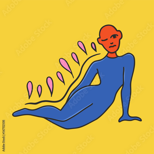 Red alien, hairless girl lies down and winks. Alien humanoid character. Flat design, cartoon drawing, vector illustration. Template for printing.