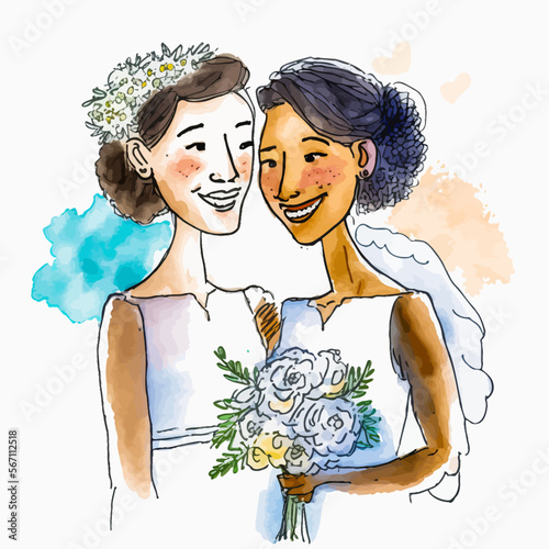 Two interracial lesbian newlyweds in a romantic embrace, celebrating their love and expressing support for the LGBTQ+ and minority communities.