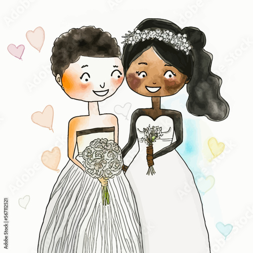 Loving and multi-ethnic lesbian couple celebrating their marriage day. An idyllic setting to represent LGBT and ethnic minority rights.