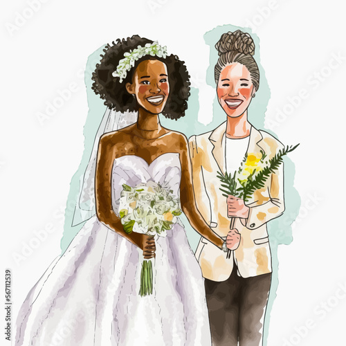 Two multi-ethnic lesbians in loving embrace on their wedding day. A romantic scene celebrating the freedom of LBGT and ethnic minorities.