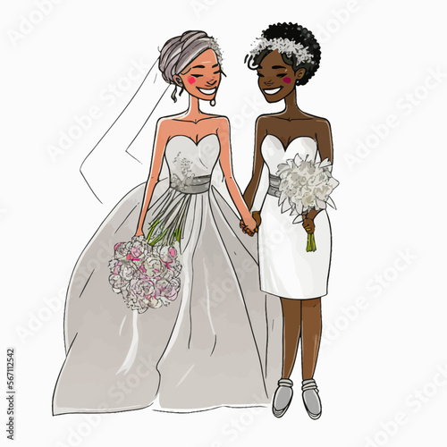 Caring and multicultural lesbian couple celebrating their wedding day. An inspiring image to celebrate love, LGBTQ+ rights and diversity.