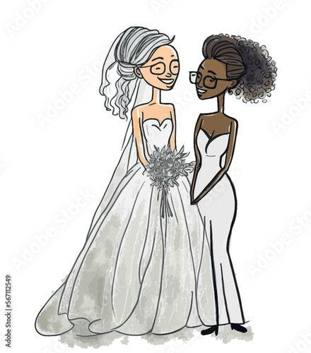 Two multiethnic, lesbian couples in love celebrating their wedding day. A romantic scene representing LBGT and minority rights. Perfect for emotional or graphic uses.