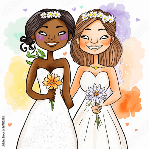 A multi-ethnic lesbian couple on their wedding day, celebrating their love and freedom. A romantic scene to honor LGBT & ethnic minorities.