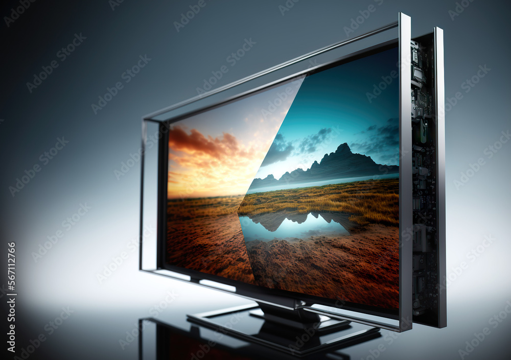 Fototapeta premium TV and monitor design made with imagined future technology. HD, Full HD, Plasma, LED color depth RGB, Adobe RGB, which is 3D design. Image generated by AI technology.