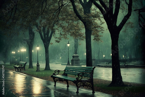  a park bench in the rain with street lamps and trees in the background and a lamp post in the foreground with a lamp post in the foreground. generative ai