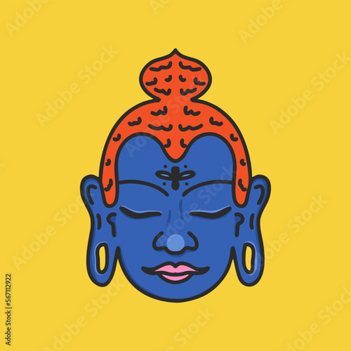 Krishna's face. Indian deity. Flat bright illustration in 60s psychedelic style. photo