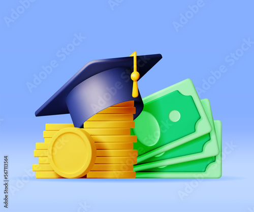 3D Graduation Cap with Gold Coin and Dollar Banknotes Isolated. Render Cash Money for Education, Savings and Investment Concept. Academic and School Knowledge. Realistic Vector Illustration