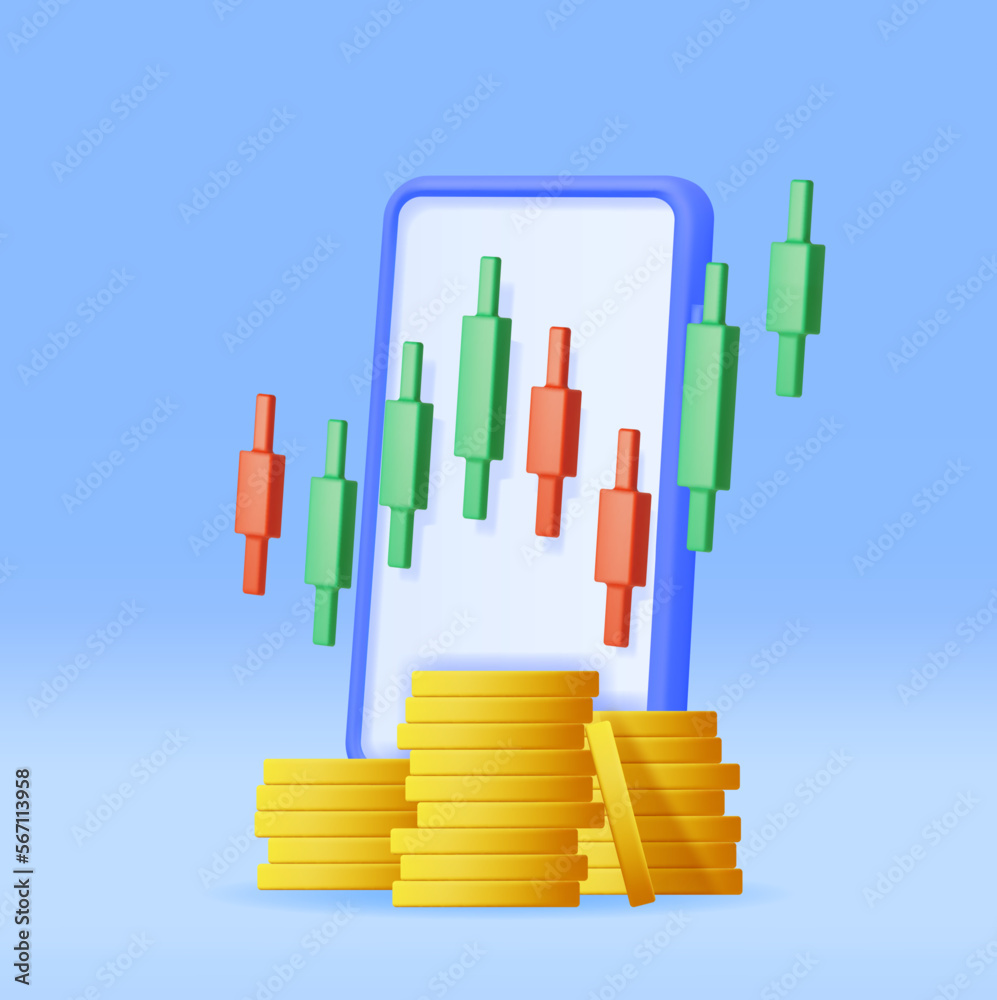 3D Growth Stock Diagram on Mobile Phone. Render Stock Candle on Smartphone Shows Growth or Success. Financial Item, Business Investment, Financial Market Trade. Money and Banking. Vector Illustration