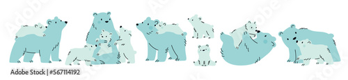 Cute cartoon bears collection. Mom and baby animals set. Cartoon animal vector illustration with polar bears in different pose. Zoology for kids 