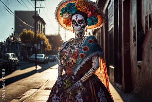 close up beautiful woman wearing skull make up during Day of Dead festival, Day of the Dead or Día de los Muertos, copy space background, Generative Ai not real person