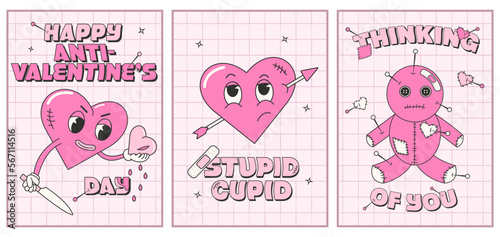 Trendy y2k anti valentines day card, poster set. 2000s anti valentines day conception. Cartoon characters.