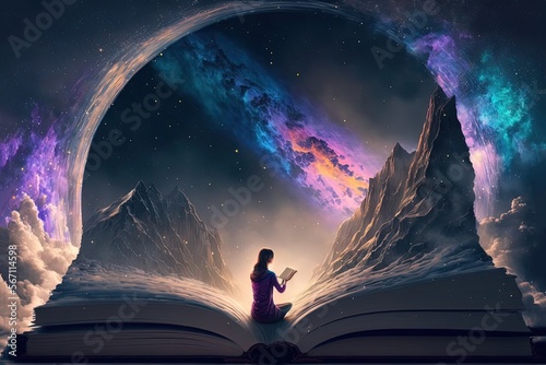 a girl sitting on a giant book opened on ground with fairytale nature pop out from paper page, idea for imagination of childhood theme background wallpaper, Generative Ai