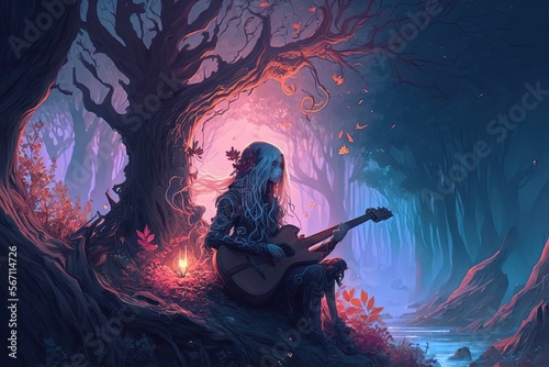 a bard playing guitar in fairy wood, idea for fantasy and fairytale background wallpaper,  generative ai  photo