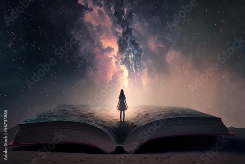 a girl stand on a giant book opened on ground with fairytale nature pop out from paper page, idea for imagination of childhood theme background wallpaper, Generative Ai