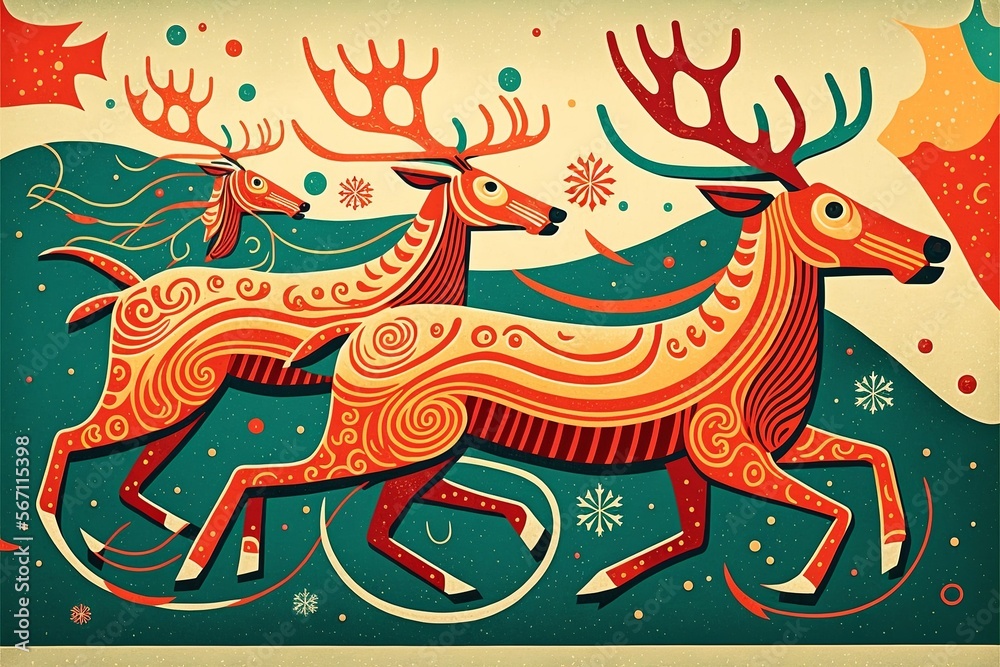 Colorful Christmas background pattern with reindeer and ornaments