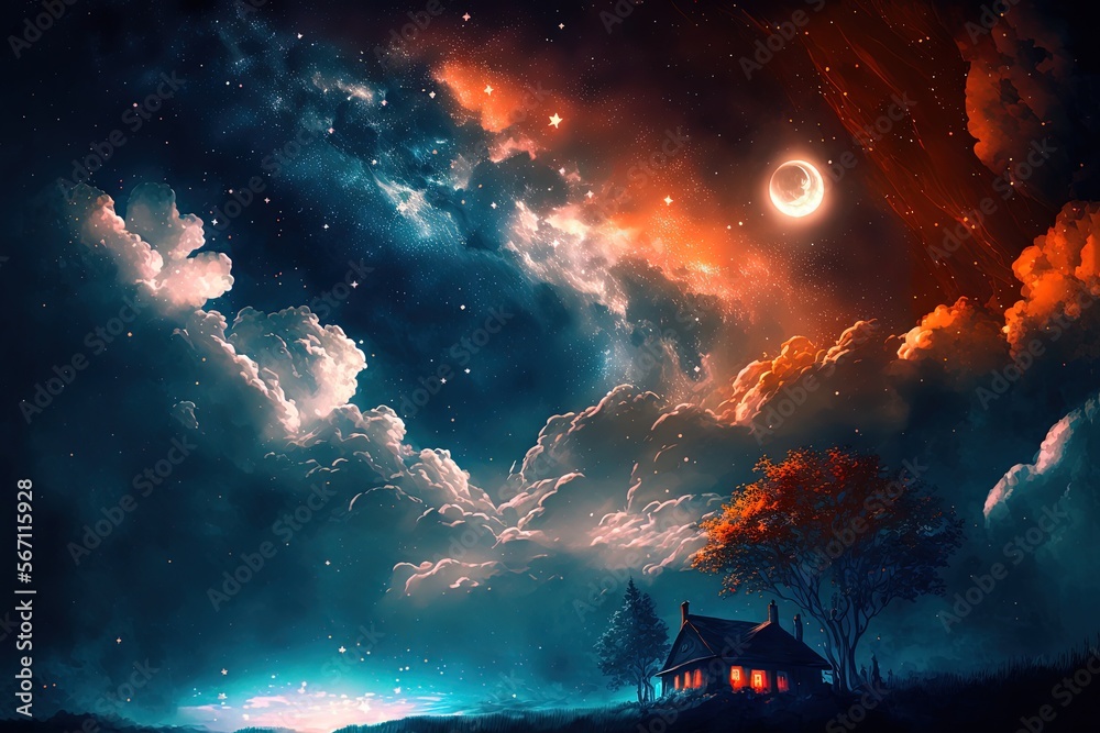 dreamlike gradient sky at night time, wooden cottage under starfield  , idea for background wallpaper, Generative Ai