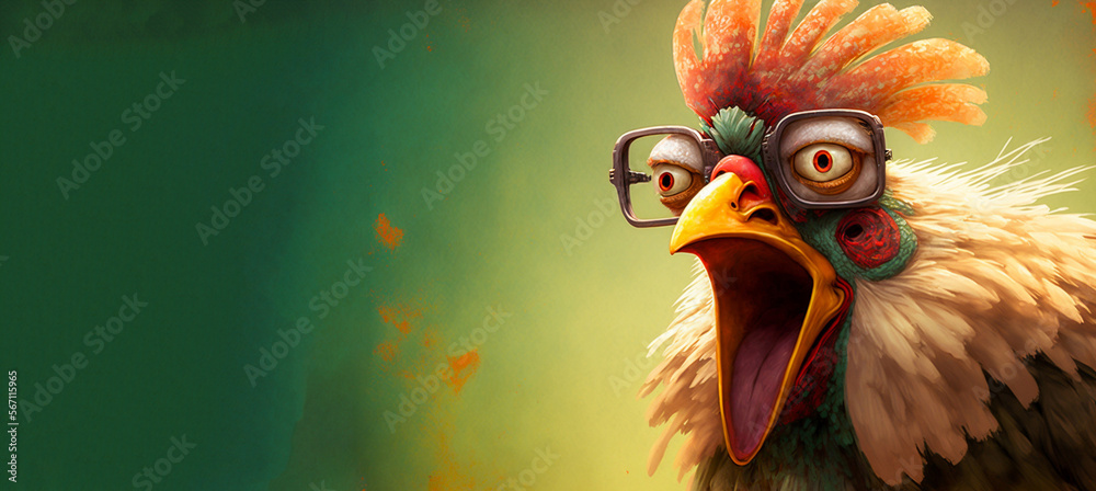 Crazy loud chicken wearing glasses and yelling loudly. generative AI