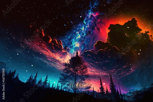 dreamlike gradient sky at night time , silhouette forest under starfield, idea for background wallpaper, Generative Ai