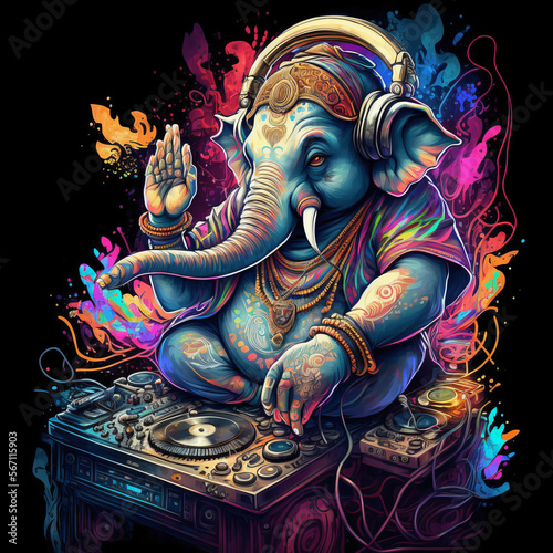 Generative AI. Colorful illustration in psychedelic art of the Hindu god Ganesha characterized as an electronic music DJ, tattoo design.