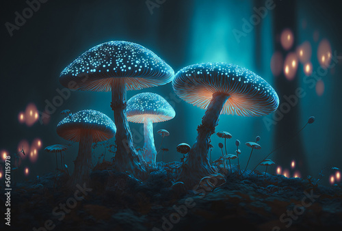 Glowing mushrooms in the forest at night. Generative AI