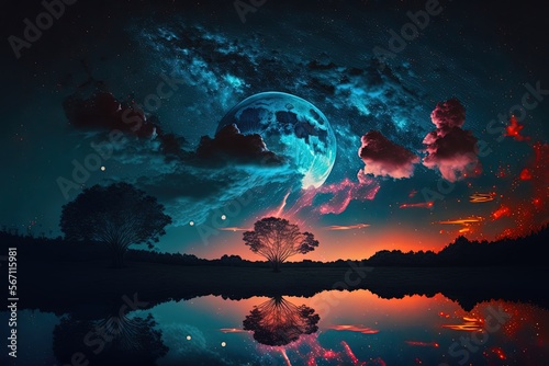 dreamlike gradient sky at night time with a tree and water surface reflection , idea for background wallpaper, Generative Ai