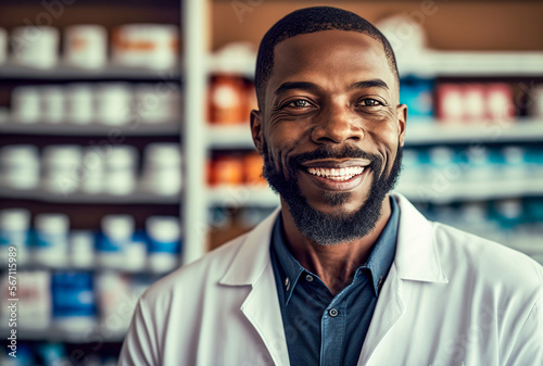 Friendly African American Pharmacist working at pharmacy. Generative AI