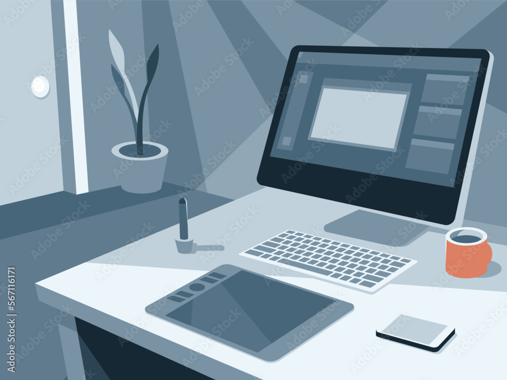 Workplace of an painter or designer with a large display and a tablet. Vector illustration Workplace of an painter or designer with a large display and a tablet. Vector illustration