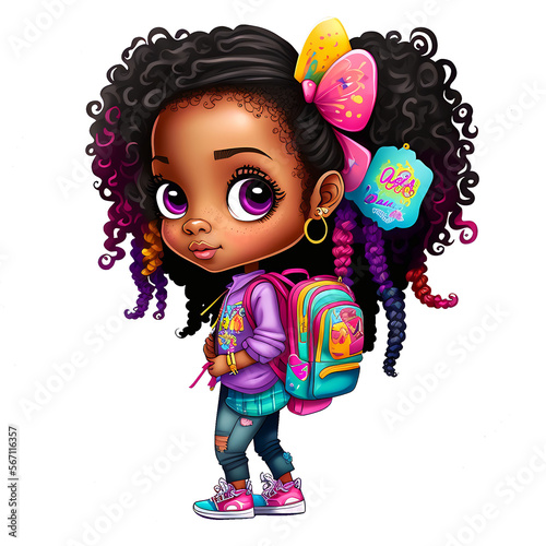 Cute african american girl with backpack 3d cartoon style generative ai