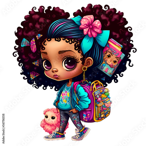 Cute african american girl with backpack 3d cartoon style generative ai