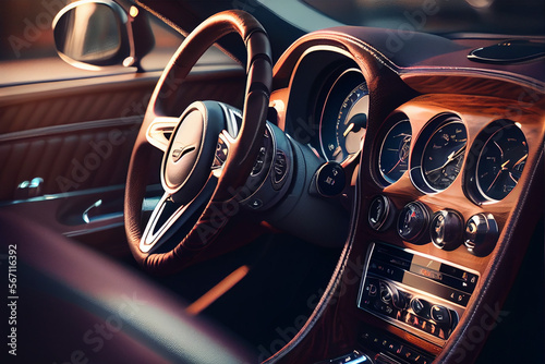 Close-up of luxurious car interior details. Comfortable seats, dashboard and steering wheel. Transportation, design, modern technology. Created with Generative AI technology © Royalty-Free