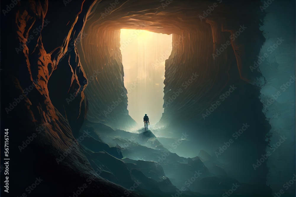 Waterfall in the cave. AI generated art illustration. 