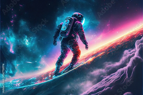 Astronaut on snowboarder in space. AI generated art illustration. 