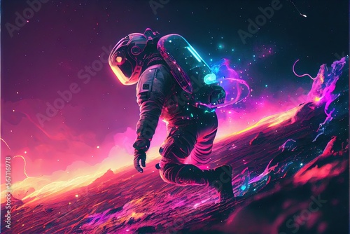 Astronaut on snowboarder in space. AI generated art illustration. 