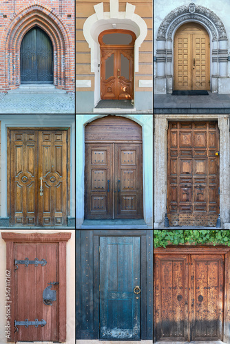 nine wooden doors with a beautiful metal trim in the historical part of different cities of the world