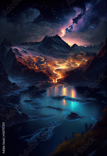 Sunset over the mountains. AI generated art illustration. 