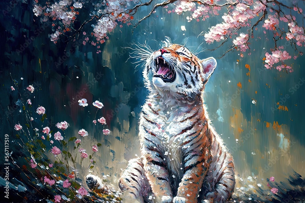 Fototapeta illustration of cute animal smile face in spring flower gardens, idea for children room wall decor or animal wallpaper, little tiger cub, generative Ai