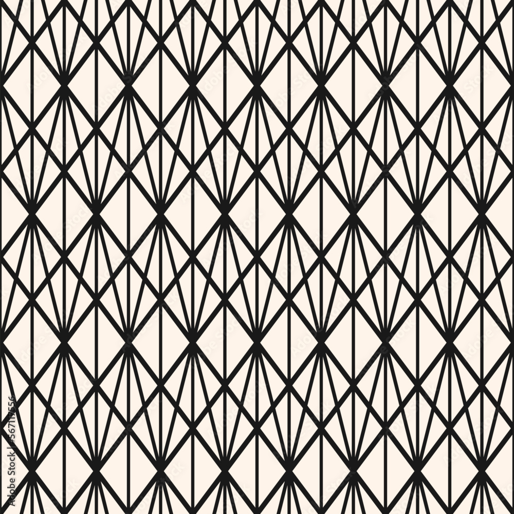 Fototapeta premium Abstract geometric seamless pattern with thin lines, diamond grid, mesh, lattice, triangles. Elegant monochrome texture in art deco style. Modern minimal ornament background. Black and white design