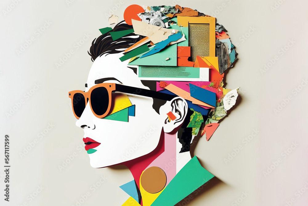 Abstract modern art collage portrait of young woman. Trendy paper collage  composition. Generative ai Stock Illustration