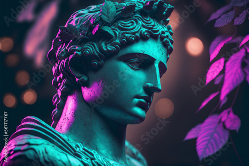 Modern conceptual art illustration with ancient statue on neon light vaporwave background. Photorealistic contemporary art. Generative ai