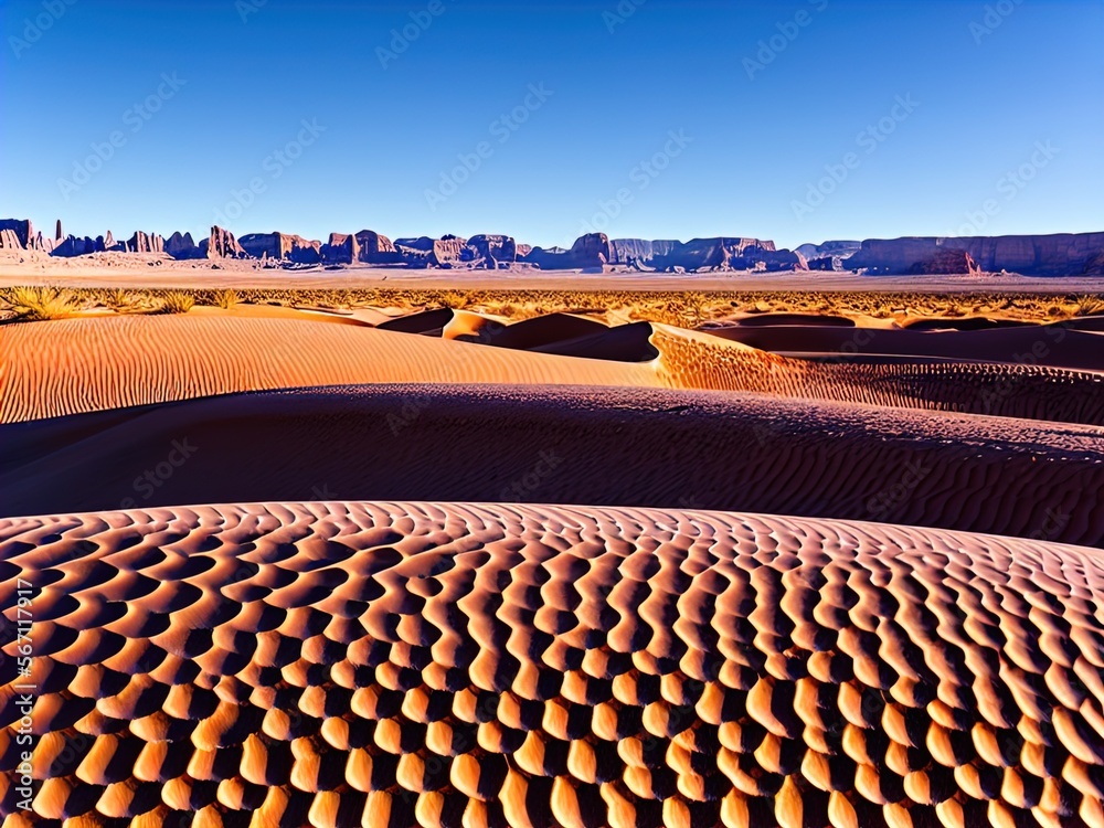 Fototapeta premium A desert with sand dunes and mountains in the distance.