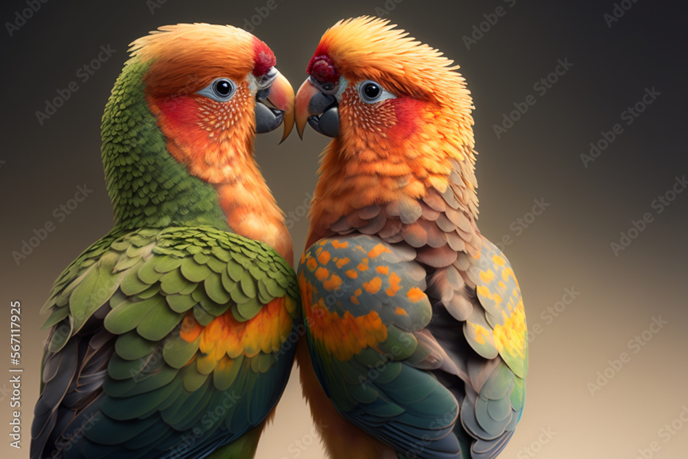 Generative AI illustration of Two lovebirds kissing together