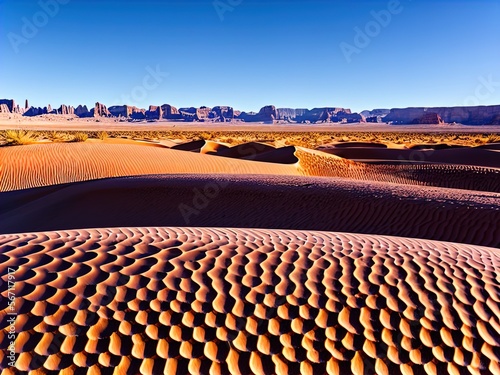 A desert with sand dunes and mountains in the distance.