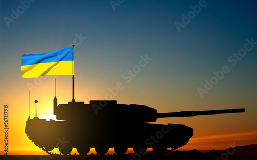 Silhouette of a battle tank on a battlefield with Ukraine flag against the sunset. EPS10 vector