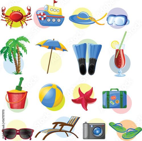Cartoon summer elements, travel, beach, summertime accessory. Cocktails, ice cream and exotic fruits vector illustration set. Palm and serfing board.