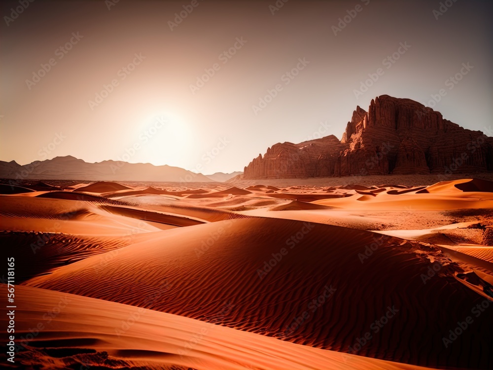 A desert with sand dunes and mountains in the distance.