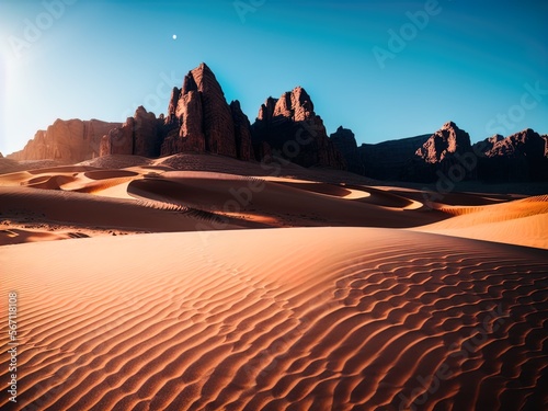 A desert with sand dunes and mountains in the distance.
